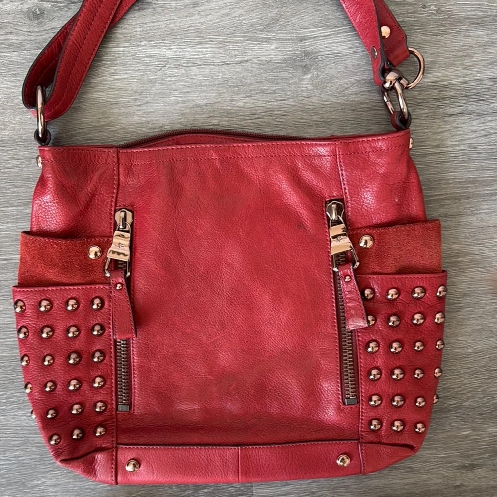 B. Makowsky Red Leather and Rose Gold Studded Bag